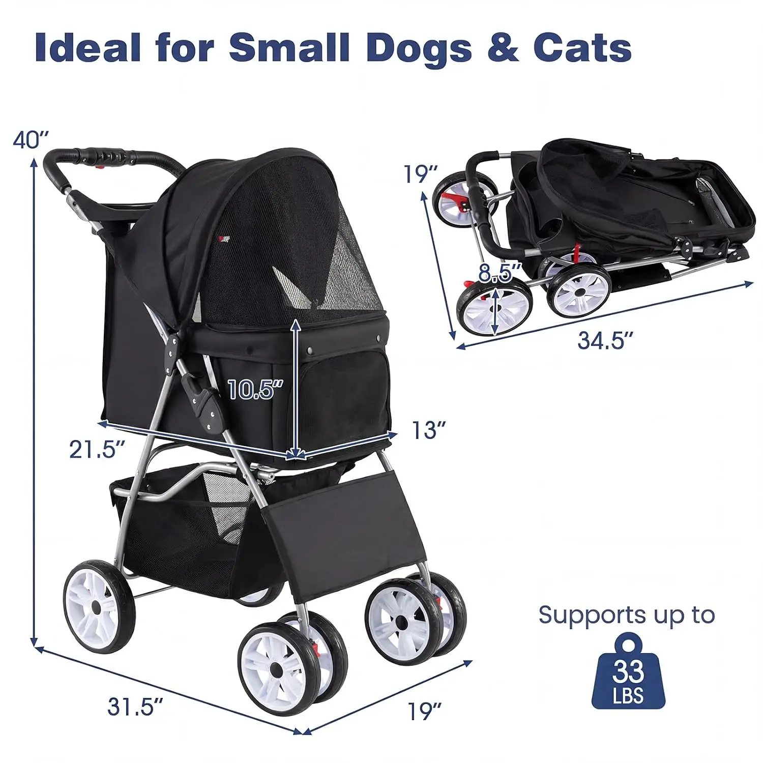 Foldable Pet Stroller for Small Dogs & Cats, Lightweight Dog Stroller with Lockable Wheels, One-Hand Quick Fold, Customized