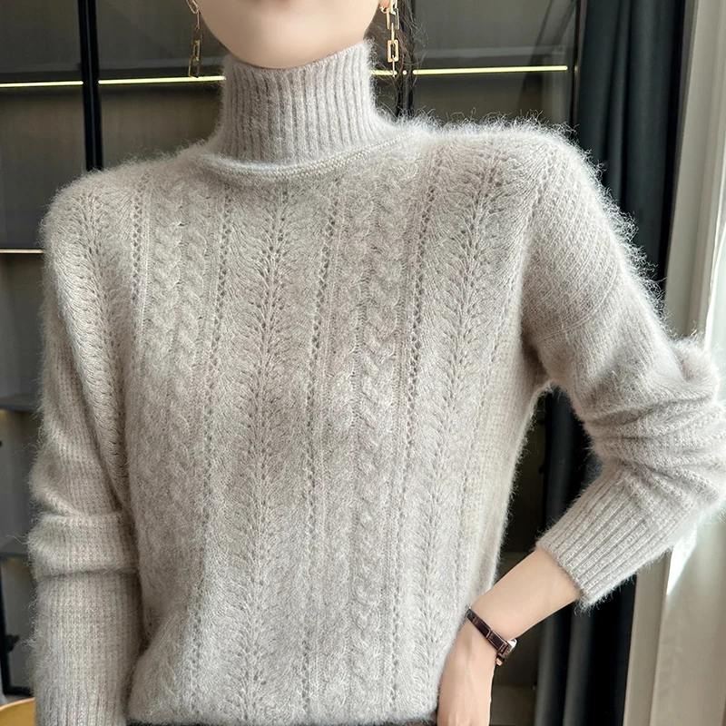 

2024 Autumn/Winter New 100% Cashmere Sweater Women's Top Half Turtleneck Hollowed-Out Jumper Fashion Thickened Warm Knitwear