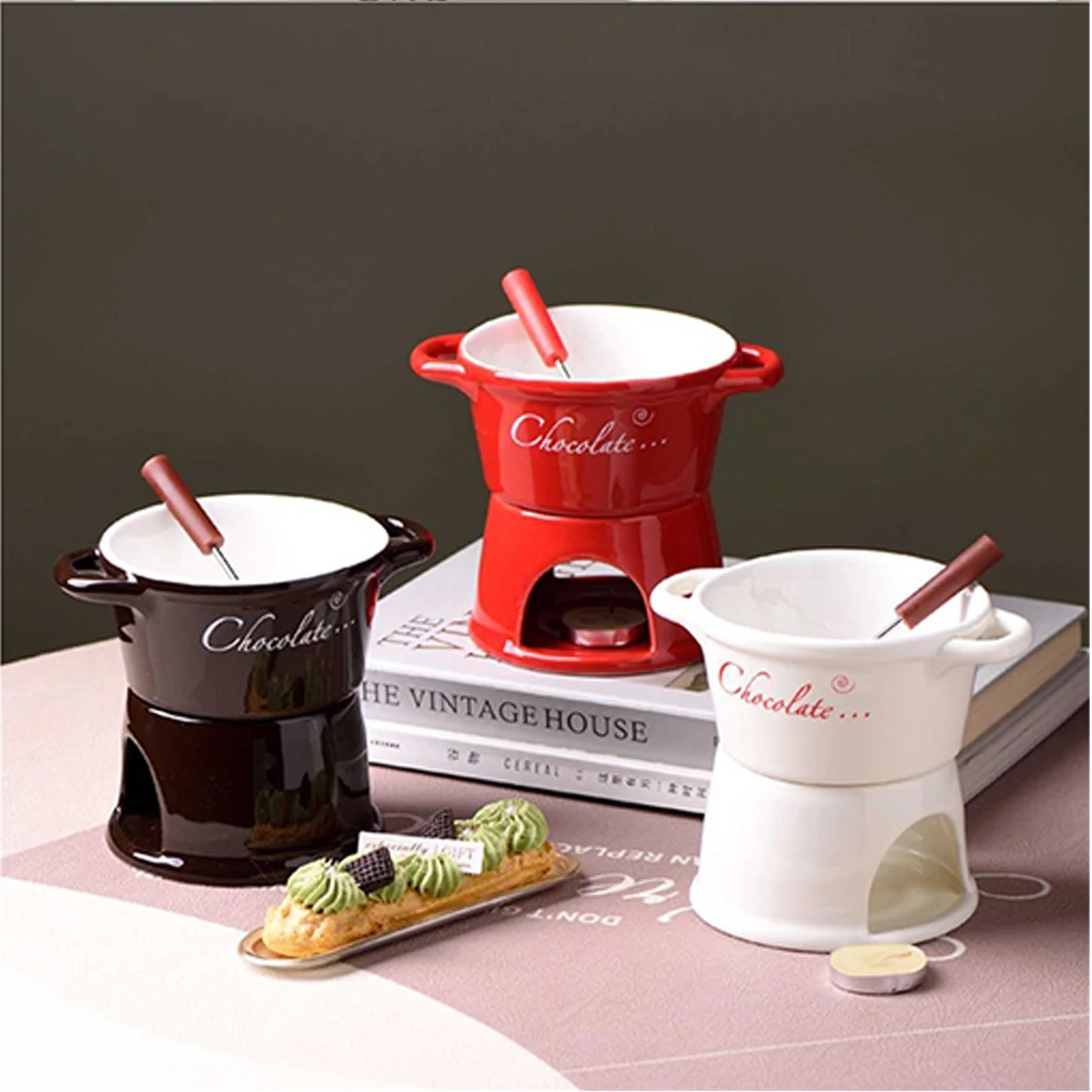 

Creative Hot Ceramic Chocolate Chafing Dish Cup with Fork Candle Pot Melting Chocolate Mug Tableware Household Drinking Utensils