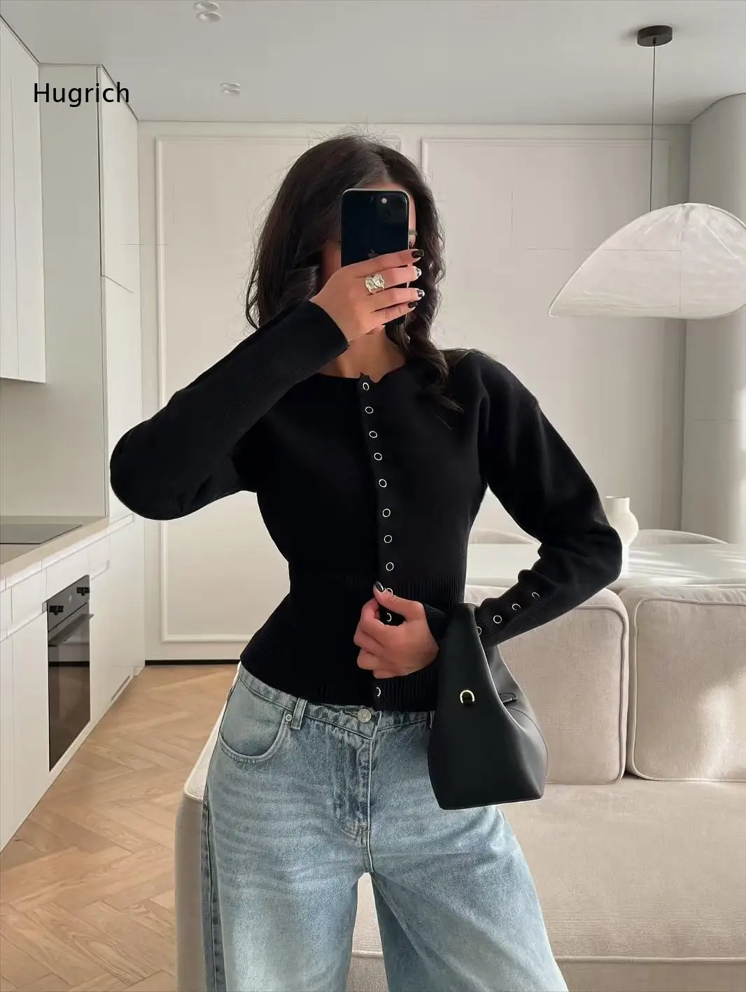 Ladies Knit Cropped Cardigan Round Neck Puff Long Sleeve Button Closure Ribbed Waist Design Slim Fit For Street And Office Wear