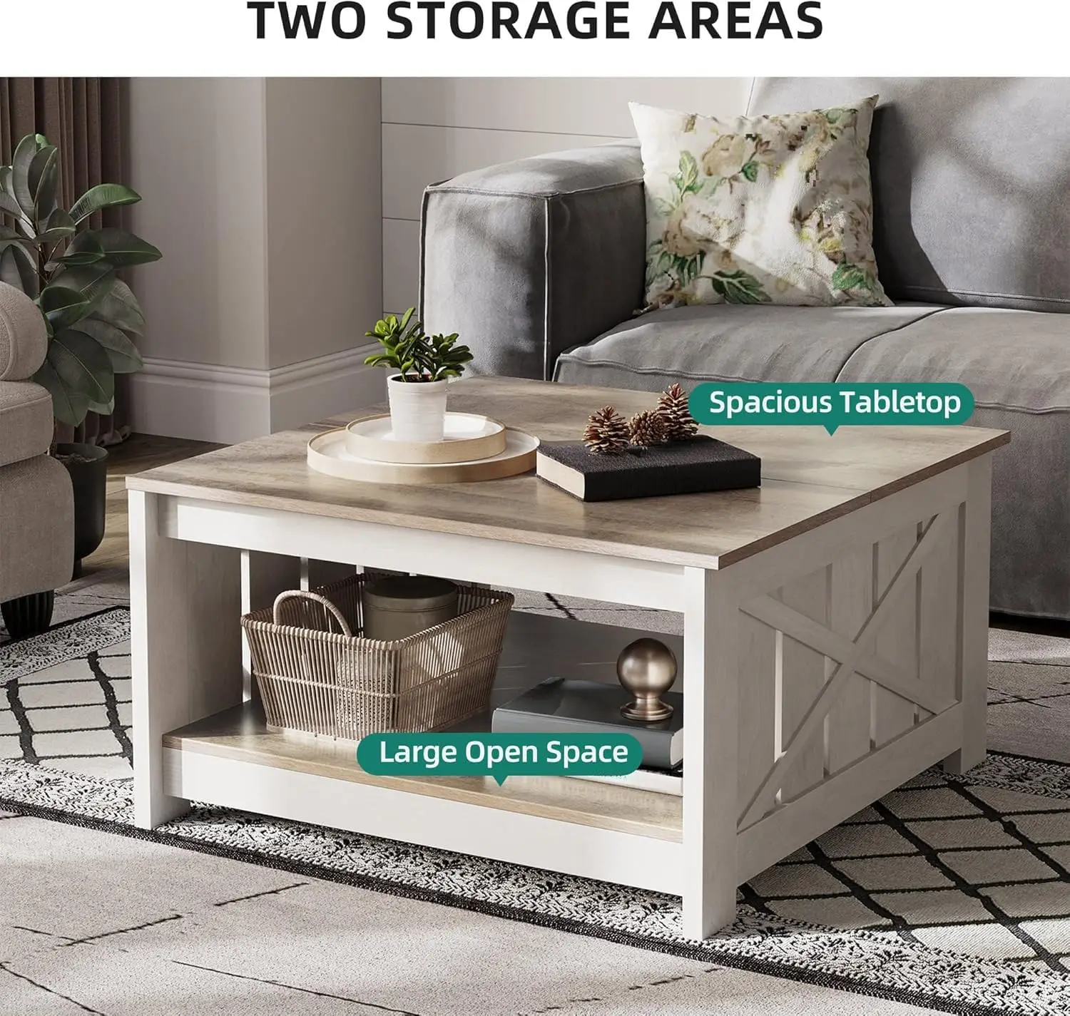 Farmhouse Coffee Table with Storage, Rustic Wood Cocktail Table, Square Design for Living Room, Grey Wash Finish