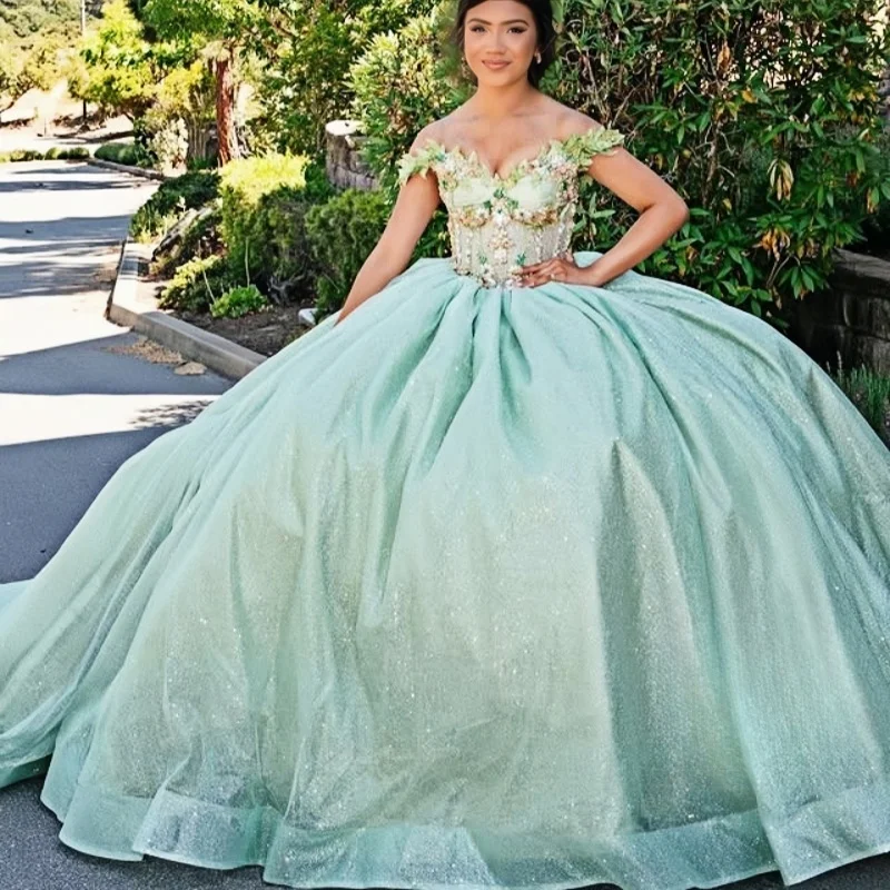 

Блестящее мятно-зеленое платье Quinceanera с открытыми плечами по индивидуальному заказу, аппликация, 3D кристалл, тюль, вышивка бисером, платья de 15, Quinceanera ﻿