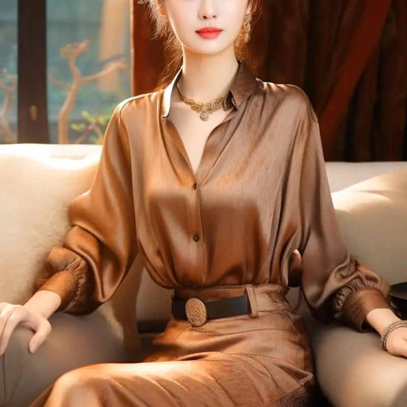 

Spring Autumn New Temperament Buttons Solid Color Turn-down Collar Blouse Ladies Office Lady Simplicity Cardigan Women's Shirt