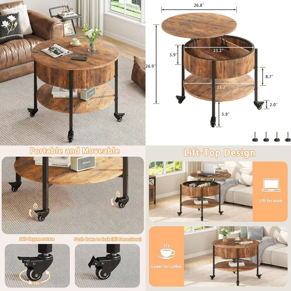 

Коричневый круглый рифленый журнальный столик с подъемной столешницей и местом для хранения вещей для гостиной и домашнего офиса