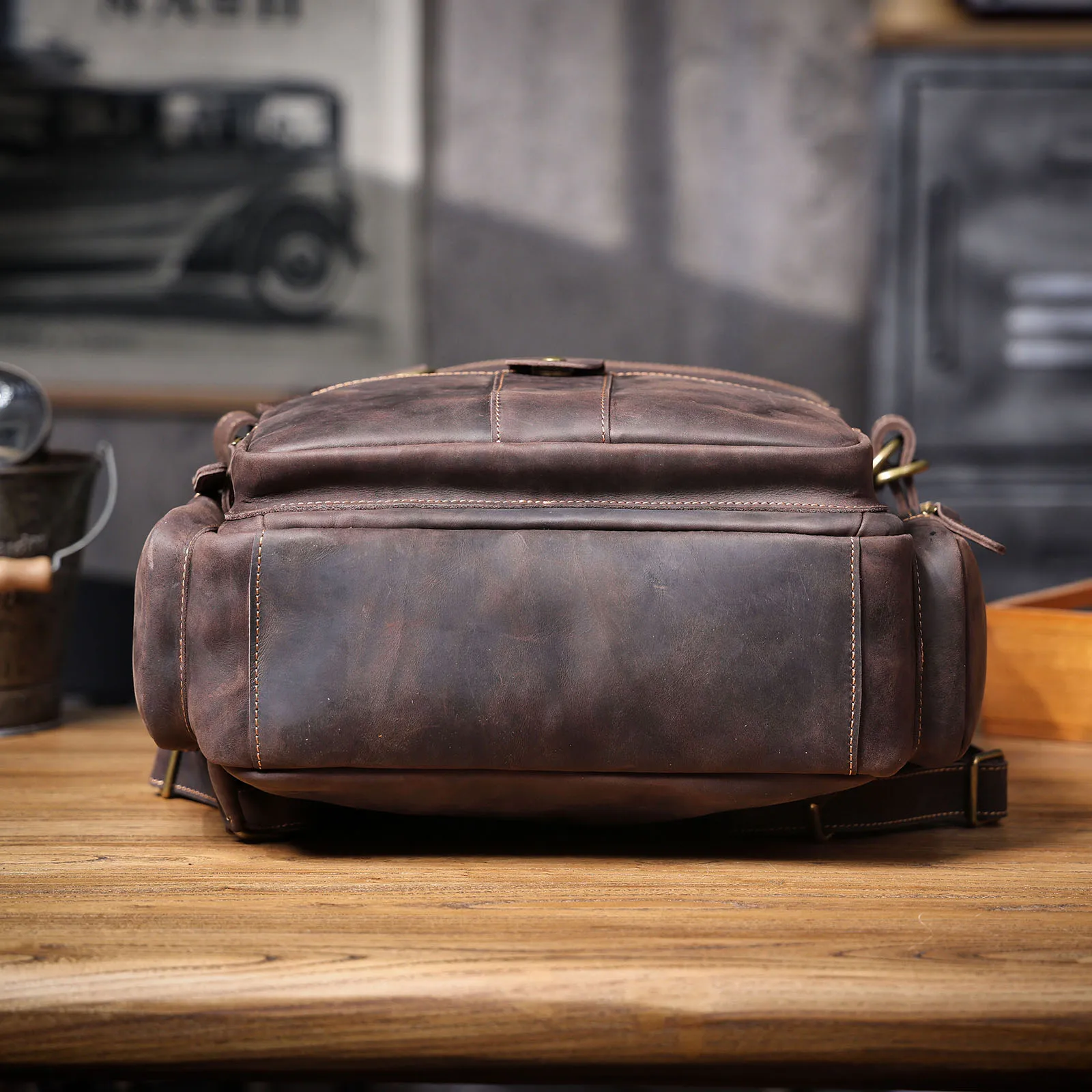 S.WORKER Vintage Echtleder-Rucksack Laptop-Tasche Casual Crazy-Horse-Leder Schultasche Outdoor-Reise-Weekender-Tasche – Detail 12