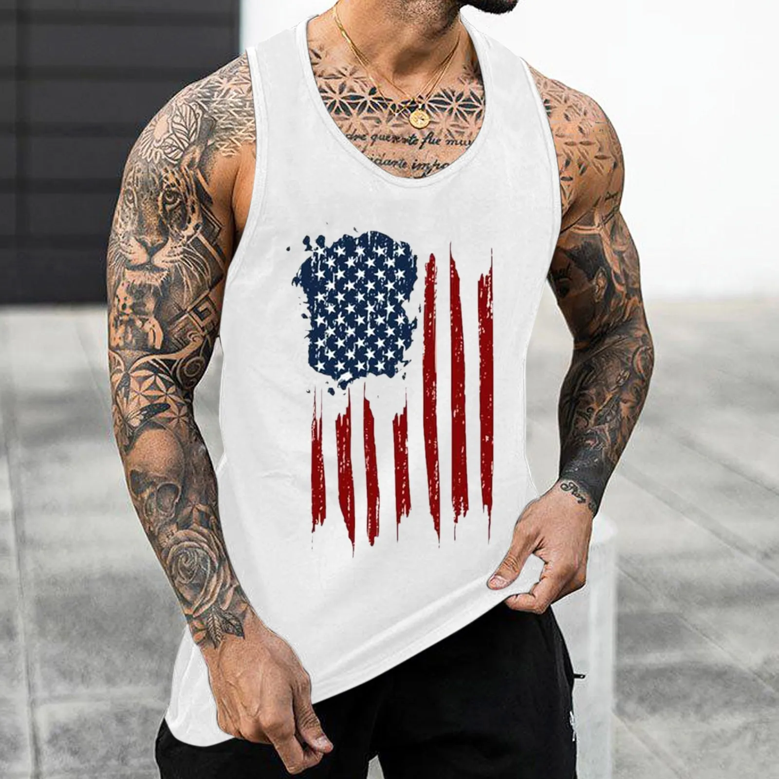 Men‘S Independence Day Summer Tank Top Breathable Casual Sleeveless O-Neck Top Loose Fit Partial Printed Vest Top Men Clothing