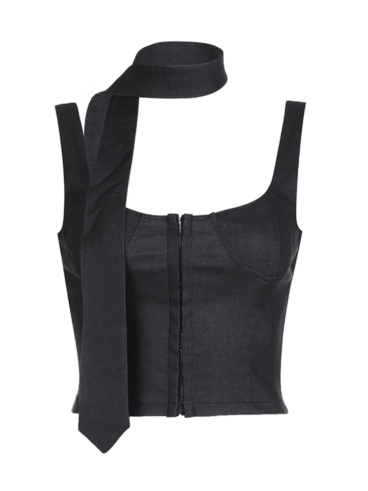 Weekeep Black Button Up Corset Top Casual Solid Sleeveless Skinny Tank Tops for Women y2k Vintage Clothing Streetwear Basic Vest