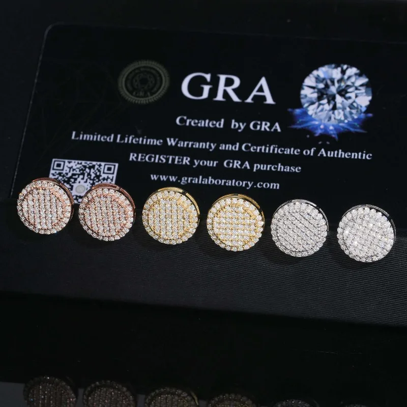 12mm Runde Hiphop Moissanit-Ohrringe mit Schraubverschluss, 925 Sterling Silber Herren Diamant-Ohrstecker, Rock-Schmuck, Testergeprüft mit GRA-Zertifikat, Geschenk – Detail 2