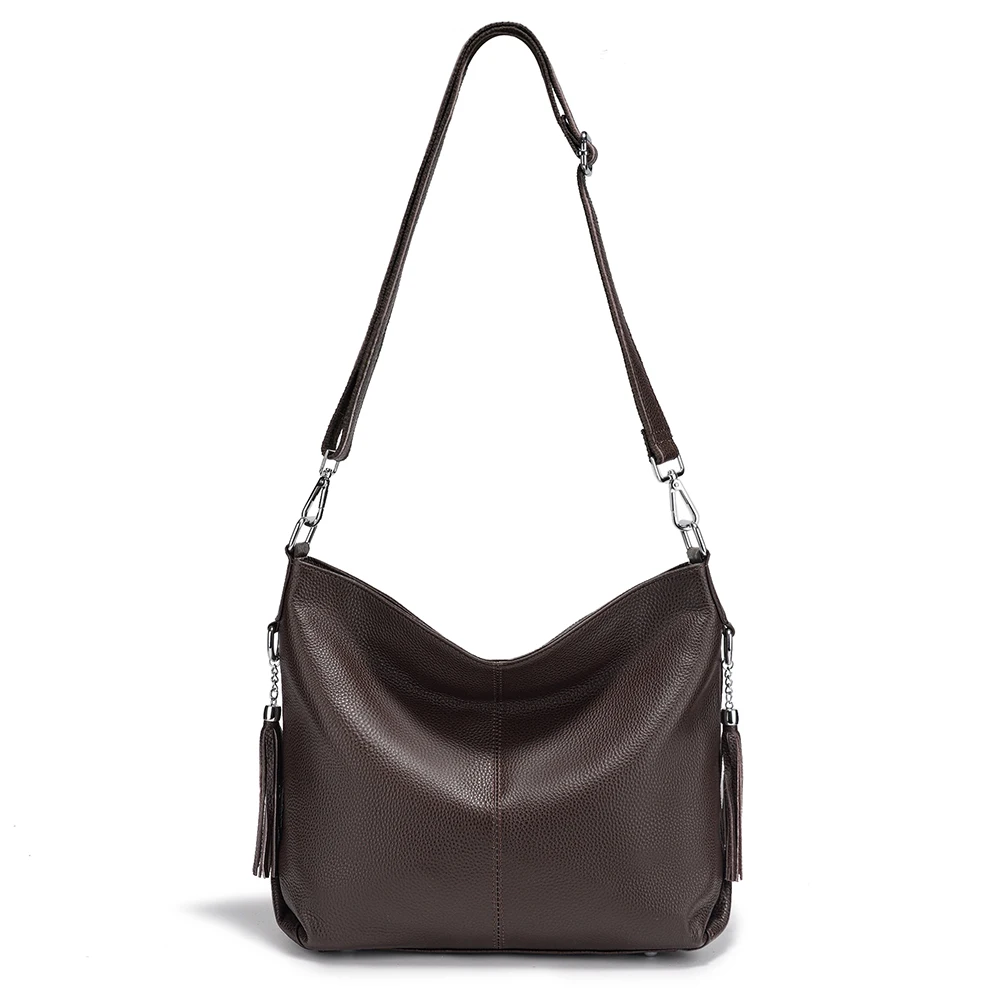 Zency Fashion Soft Coffee Genuine Leather Women's Handbag with Tassel Ladies Shoulder Elegant Large Capacity Hobo Bag Satchel
