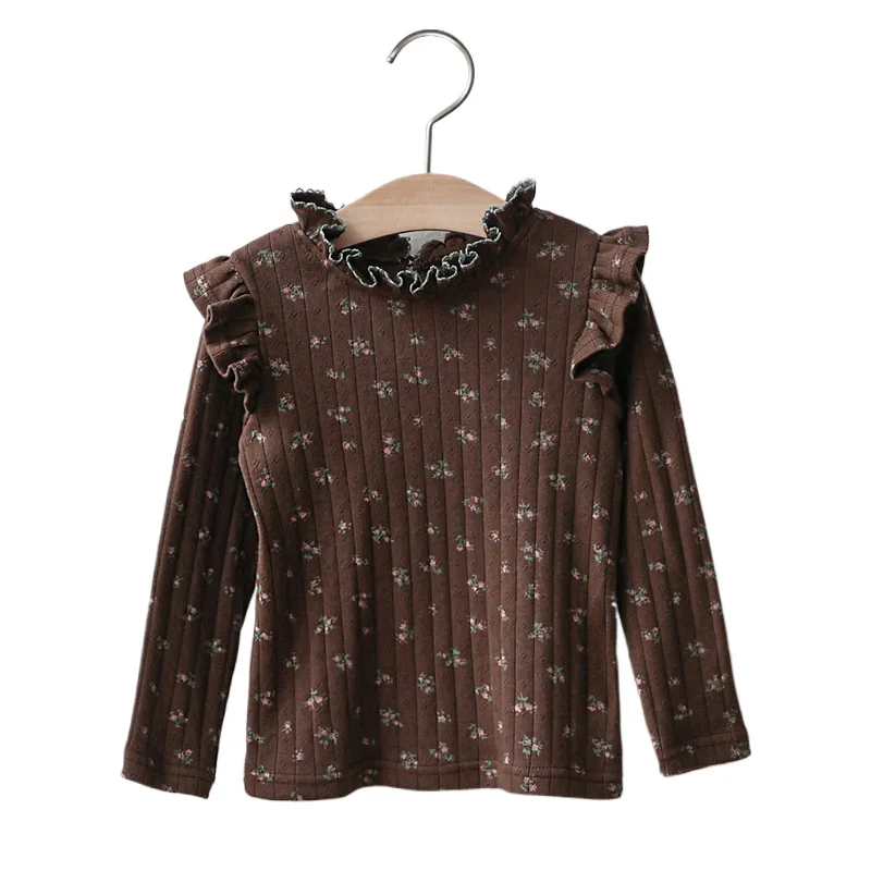 

Girls' Floral Print Ruffle Collar Fly Sve Elastic Stand Collar Cotton under irt Top Country Forest System Kids' Clothing