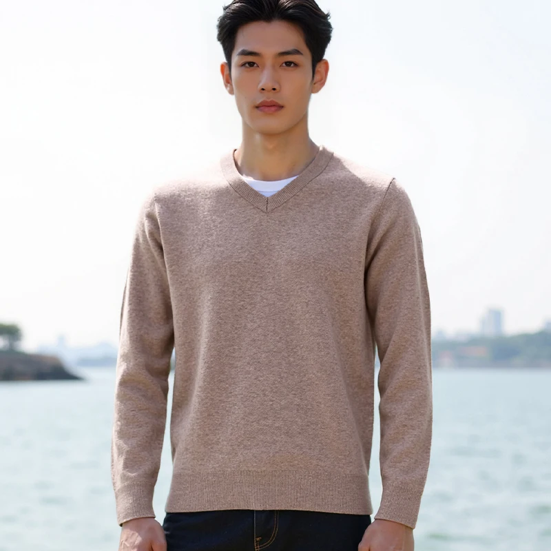 

Высококачественный утолщенный вязаный пуловер из 100% шерсти, новинка 2025 года, зимний теплый однотонный мужской свитер с v-образным вырезом, индивидуальный логотип с вышивкой