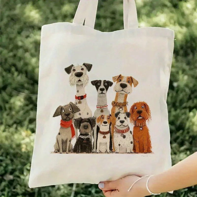 Cute Dogs Print Tote Bag Casual Cotton Canvas Shoulder Bags for Women Shopping Hand Wash Open Top Fixed Daily Accessory Decor