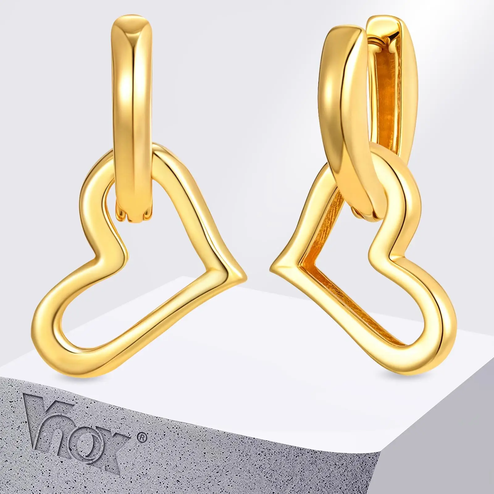 

Vnox Women Stylish Hoop Earrings 18K Gold Plated Double Loop Heart Earring Love Statement Jewelry For Girls Two Style