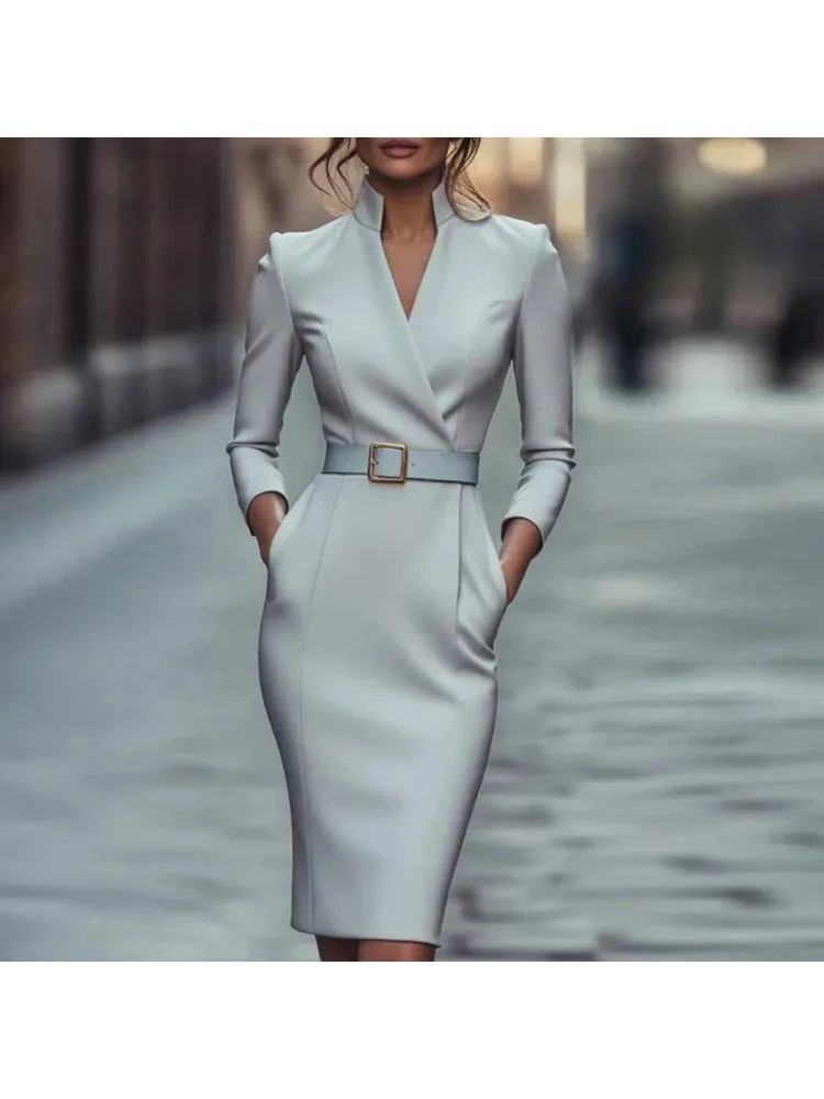 Automne à manches longues moulante robe élégante femme Sexy col en V taille haute bureau robe crayon mode solide poche mince robes mi-longues