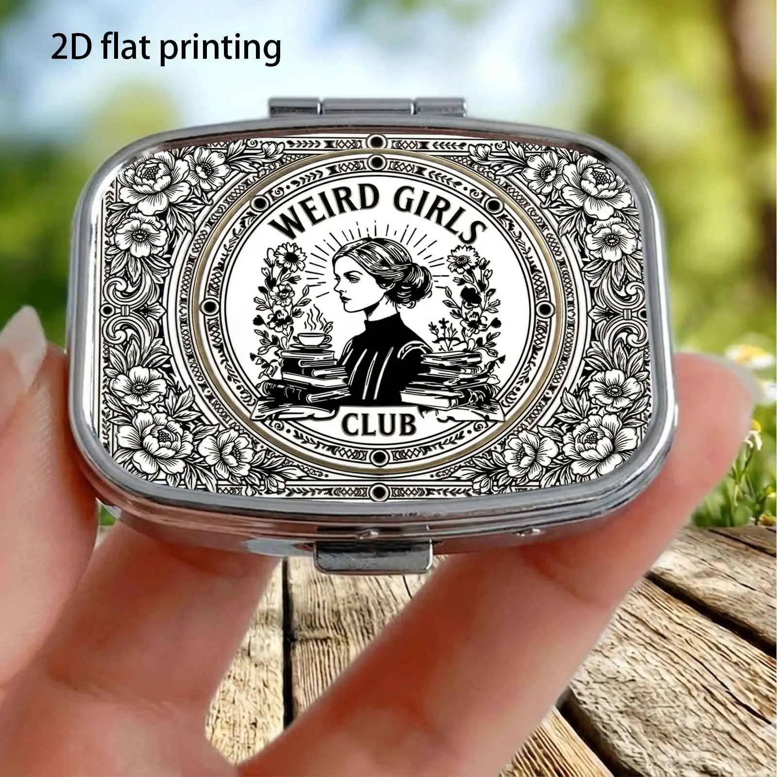 1pc, flat, black and white vintage carved border female portrait Weird Girls Club line drawing pattern, square two-compartment small pill storage box, portable medicine organizer, can also be used as a portable home organizer, decorative box, perfect for handbags, wallets, and travel, metal storage box, small jewelry organizer, great gift for holidays, souvenirs, prizes, small gifts