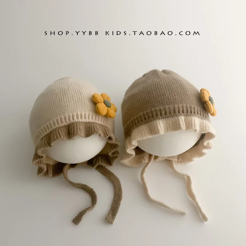 Infant Hat Winter Girl Baby Hooded Hat Autumn and Winter Ear Protection Warm Woolen Hat Lace Girls Knitted Hat