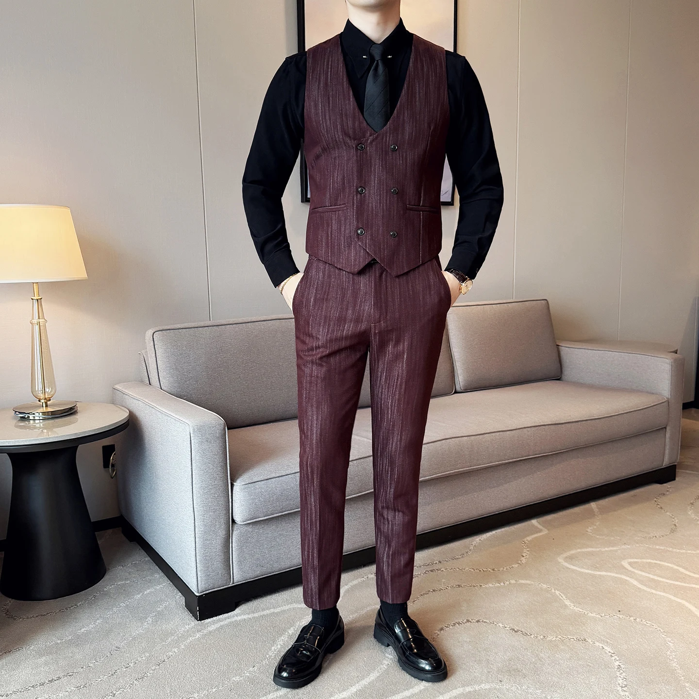 

( Жилет + брюки) двубортный полосатый брюки мужской деловой приталенный костюм жилет из 2 предметов официальное свадебное платье жениха жилет