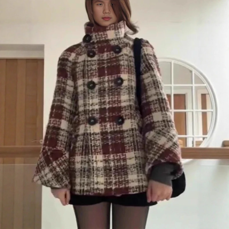 Warm Checkered Turtleneck Shoulder Straight Coat Women Double Breasted Full Sleeve Middle Long Coat Lady Autumn Winter Chic Coat