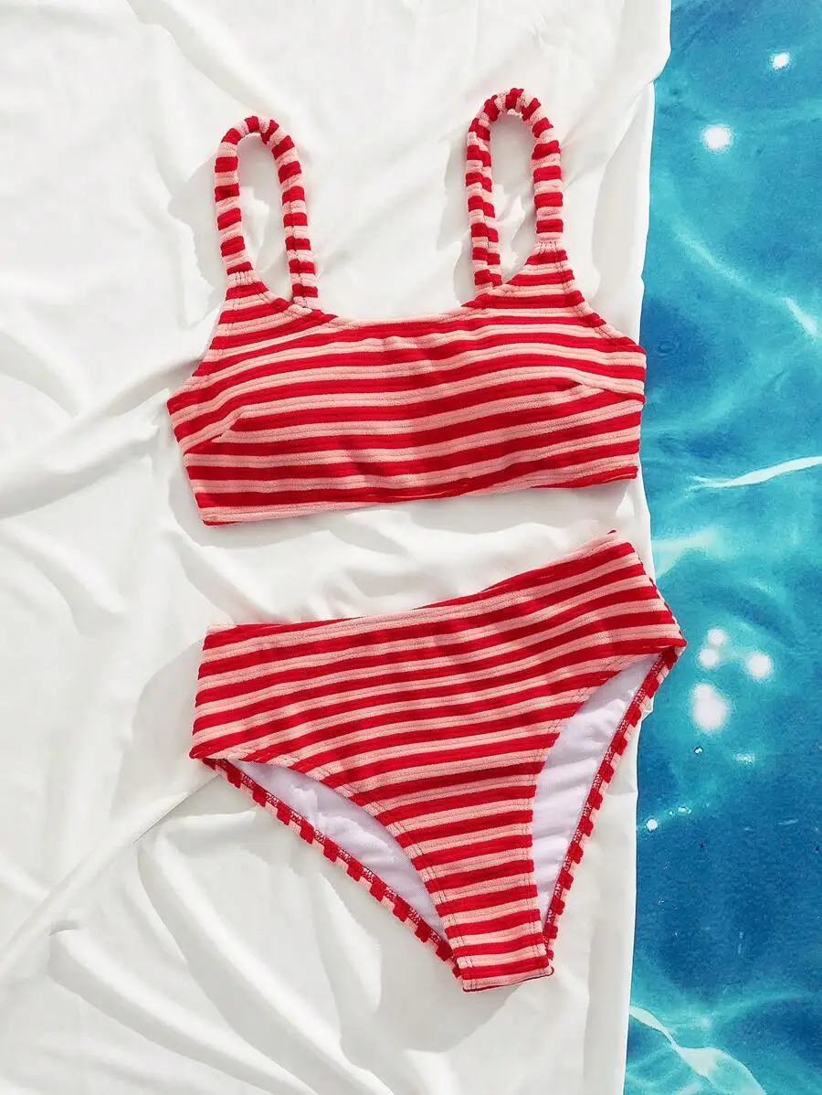 

Red And White Striped Stretchy Towel Fabric Women Bikini Set