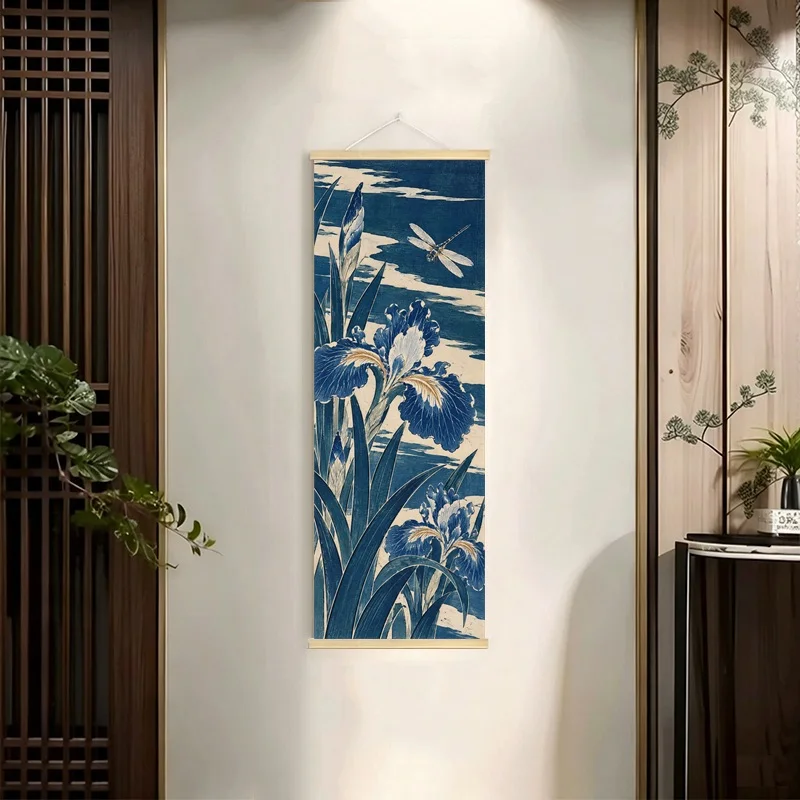 Japanese Ukiyo-e Hanging Scroll with Blooming Flowers and Leafy Stems in Blue, Cream and Peach Botanical Colors for a Bedroom