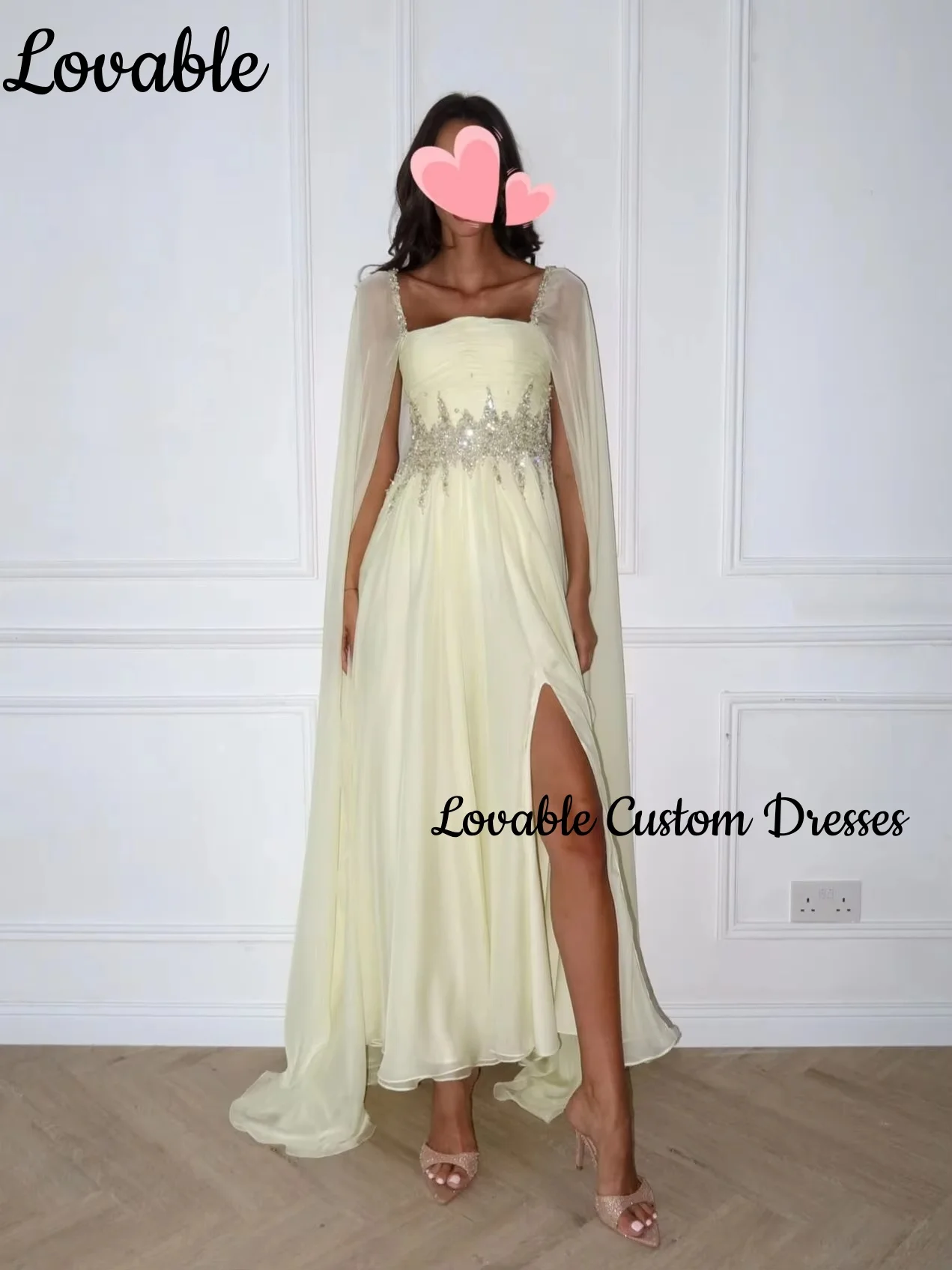 Vestido de festa de casamento personalizado, linha a, decote quadrado dividido, comprimento do chão, miçangas, vestidos de noite de luxo, zíper, vestidos amarelos