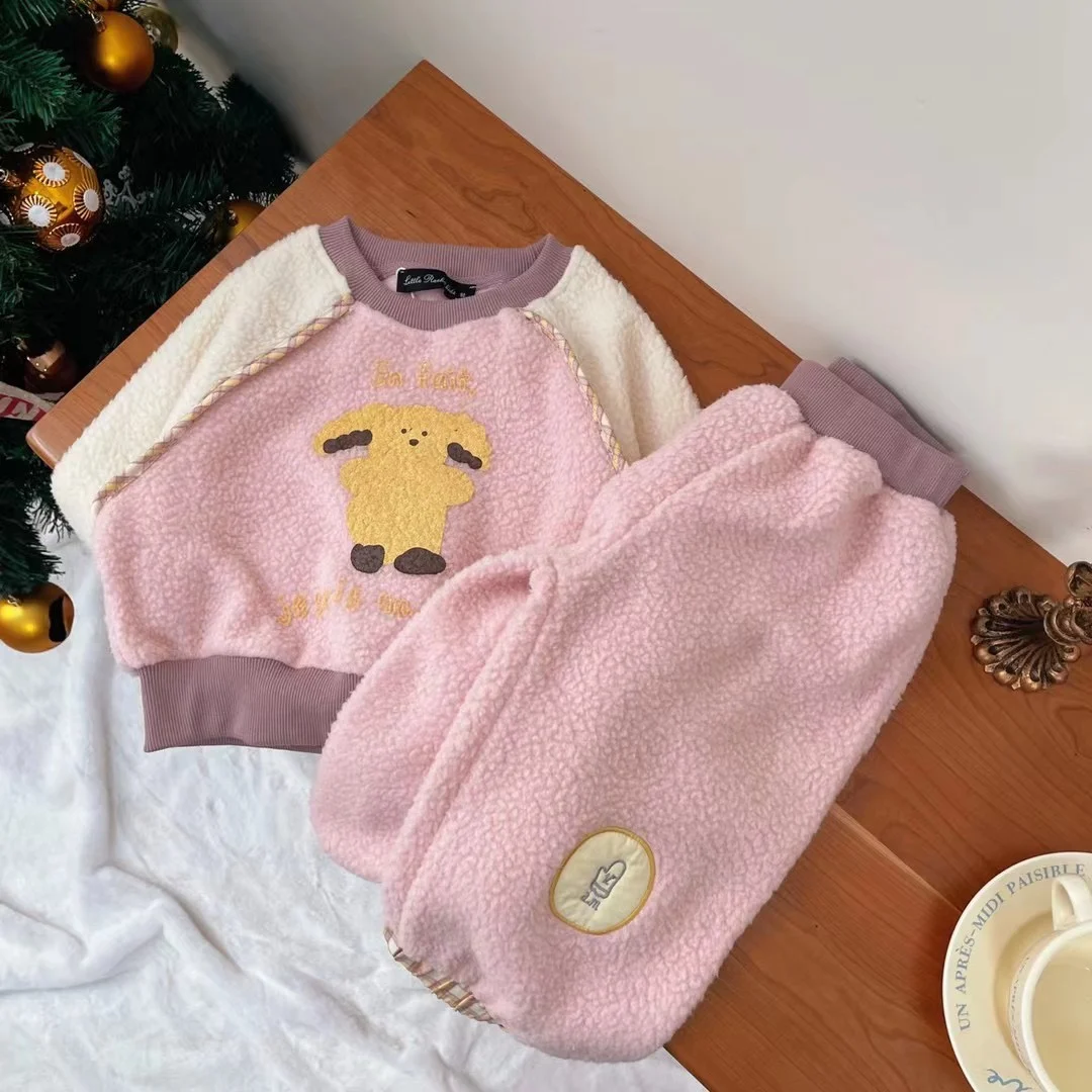 

Jenny&Dave Children's clothing 2023 new winter boys and girls cute distressed printed rabbit lamb wool hoodie casual pants set f