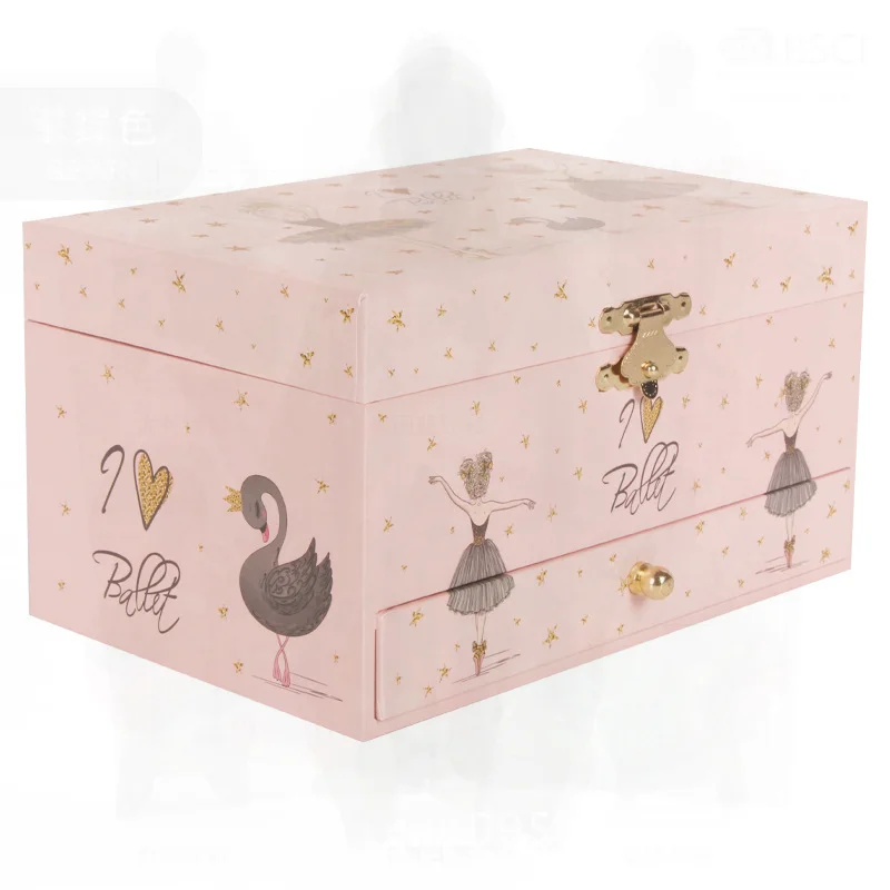 

7 Inch Black Swan Spot Music Box for Children with Drawer Jewelry Storage And Cosmetic Mirror Pink Minimalist Modern Handmade
