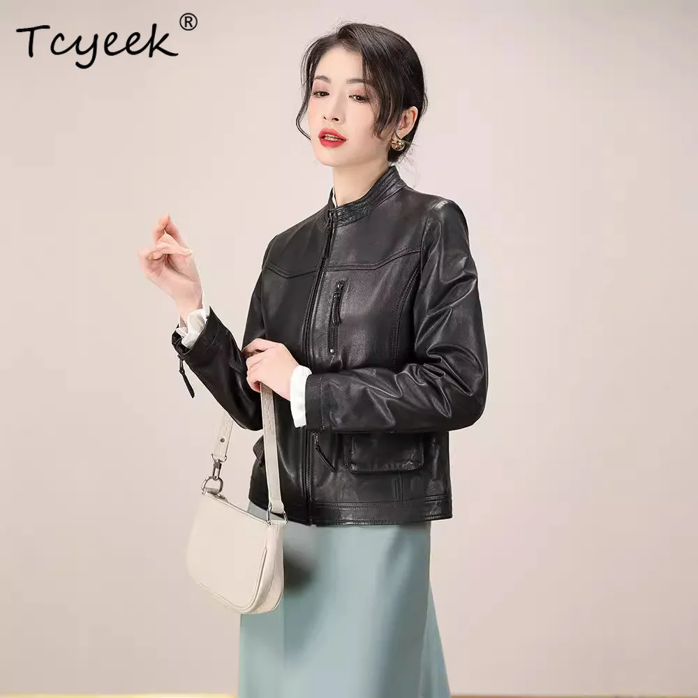

Tcyeek Real Leather Jacket Woman Autumn Clothes Motocycle Jackets Stand Collar Sheepskin Coat Vegetable Tanning Streetwear Women