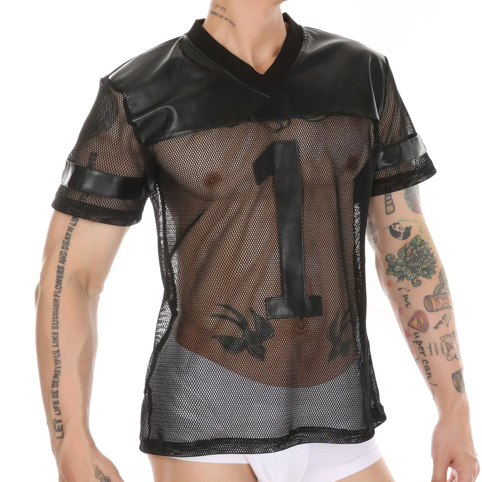 CLEVER-MENMODE PU Sexy Fishnet Tops Tee Men Faux Leather T-Shirt Transparent Mesh Clubwear See Through Short Sleeve Number 107