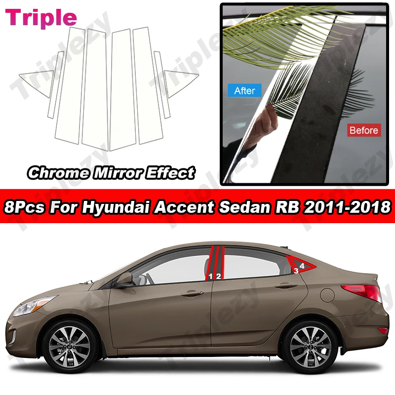

8Pcs Glossy Chrome B C Pillar Post Column Cover For Hyundai Accent Sedan RB 2011-2017 PC Material Car Door Window Trim Sticker