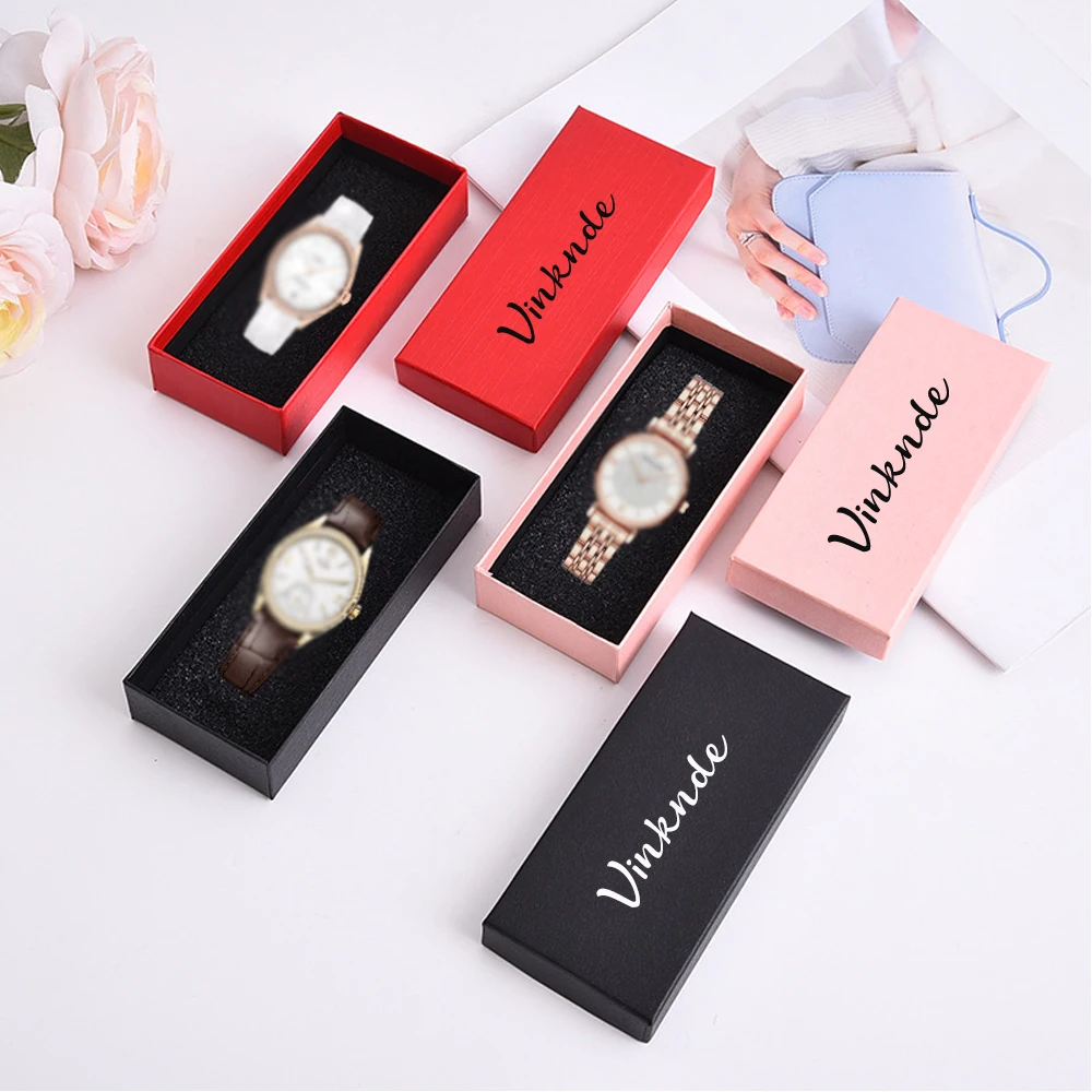 Custom Logo Name Black Paper Red Pink Watch Storage Box 12.5x5.7x2.8cm Christmas Wedding Party Jewelry Bracelet Packaging Boxes