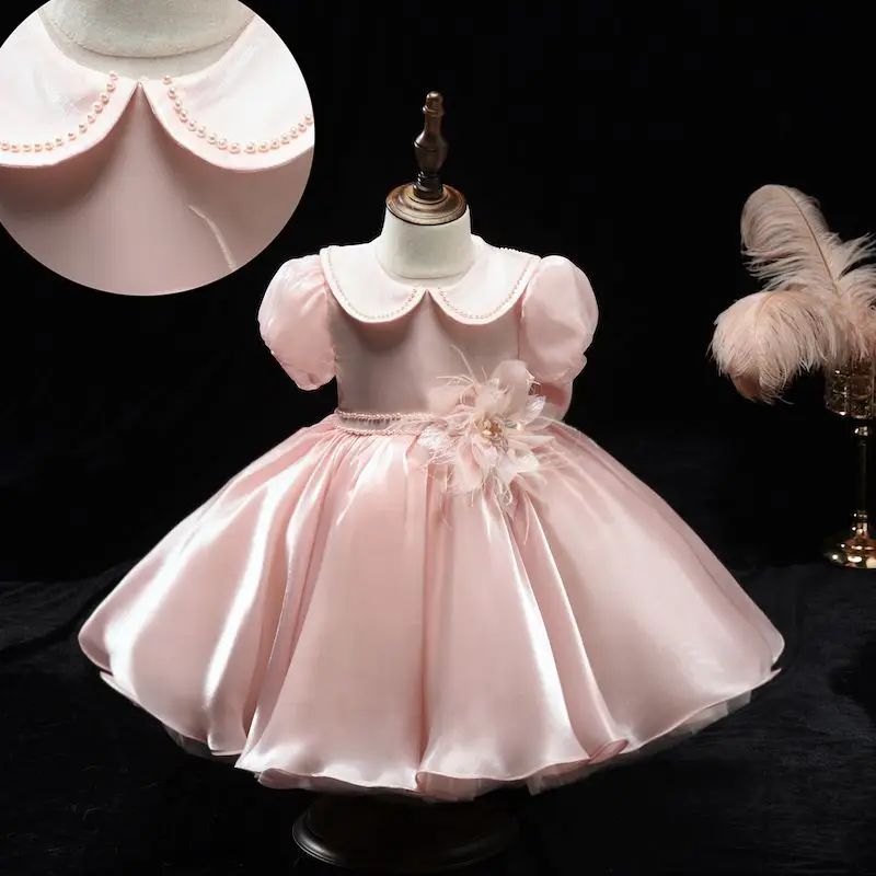 

Children Girl Puff Sleeves Sweet Princess Dress Summer Baby Girls Birthday Dresses Wedding Luxury Turn Down Collar Clothing