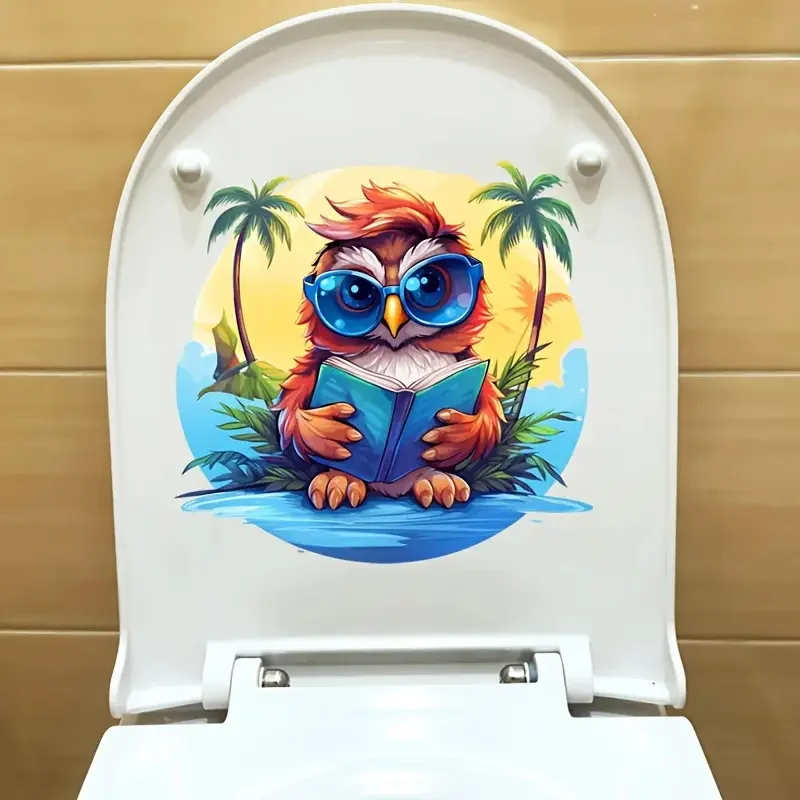 Owl Reading on Beach Bathroom Toilet Lid Decal – PVC Self-Adhesive Wall Sticker,  Beach Scenery with Palm Trees Graphic,  Decal