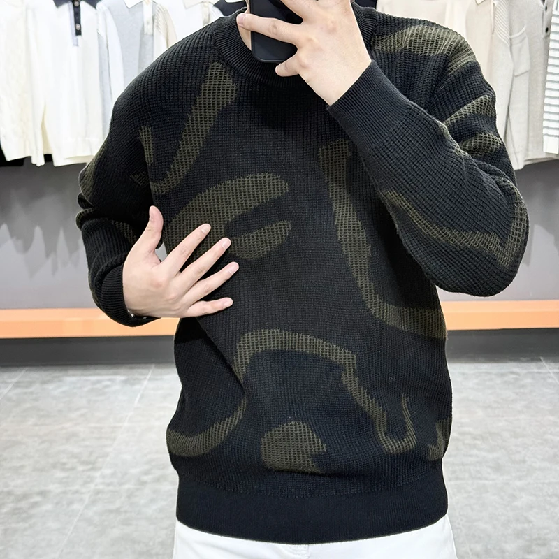 Autumn Winter Thick Warm Sweaters Men's Korean Loose Casual Sweater Knitted Jacquard Round Neck Pullover Top Social Men Clothing