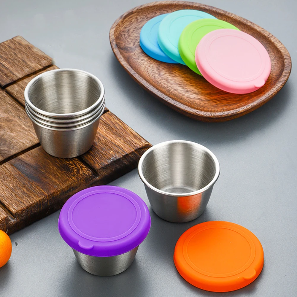 70ml Stainless Steel Sauce Cup with Silicone Lid Seasoning Box Salad Cup Snack Dipping Dish Sushi Condiment Containers for Lunch