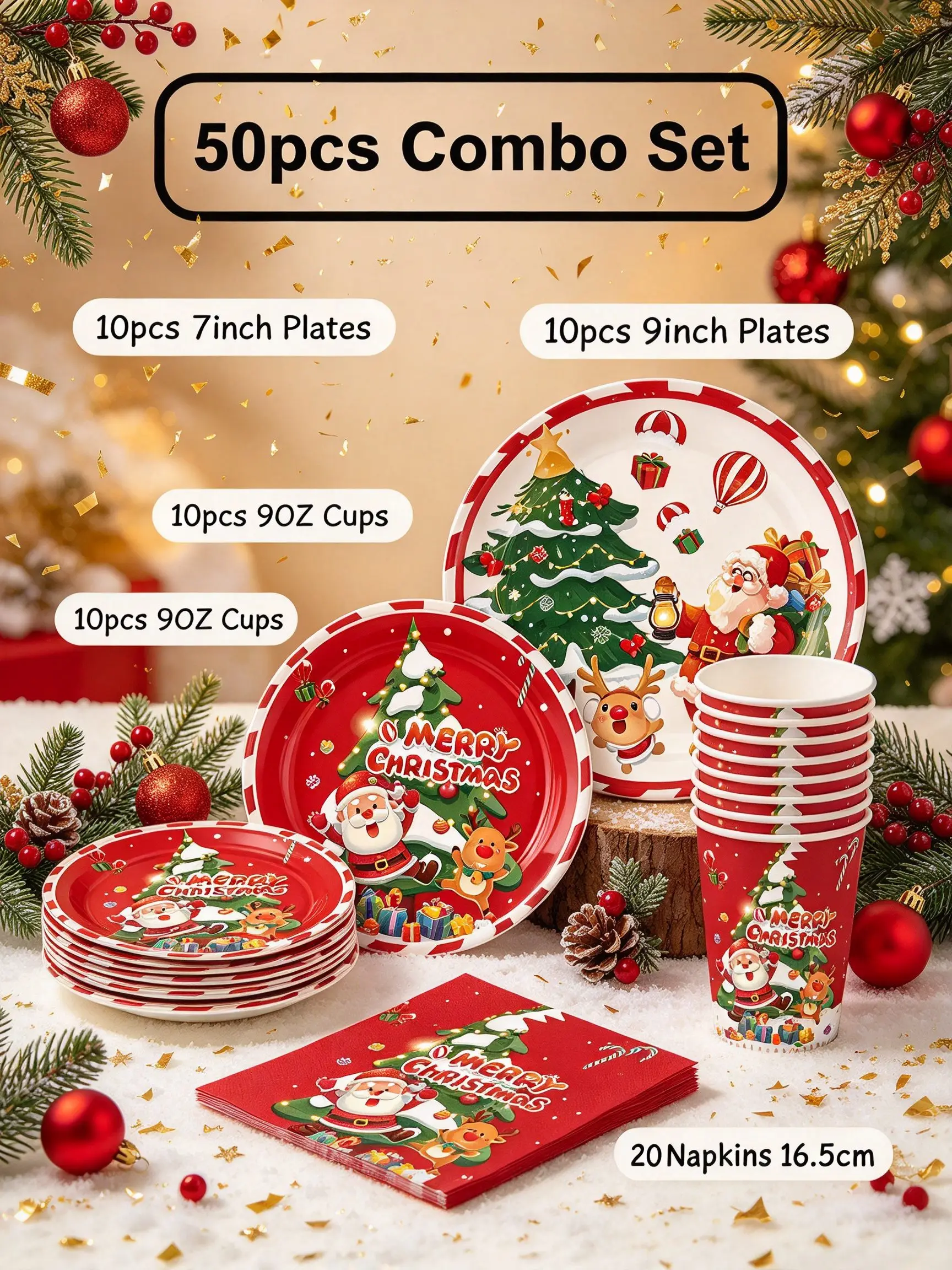 10/40/50/60/80Pcs Christmas Paper Tableware Set, Santa Xmas Tree Print Plates Cups Napkins, Xmas Party Table Decor