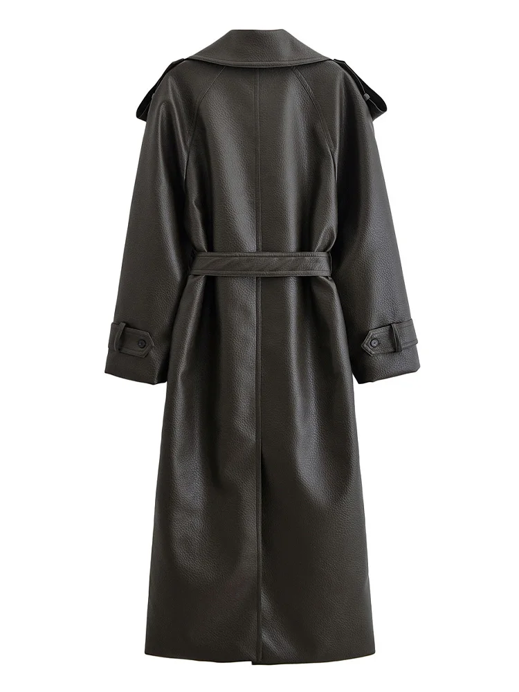 HH أنثى موضة جديدة مزدوجة الصدر الجلود الاصطناعية التلبيب معطف طويل امرأة طويلة الأكمام جيوب عالية الشارع حزام سترة واقية #3