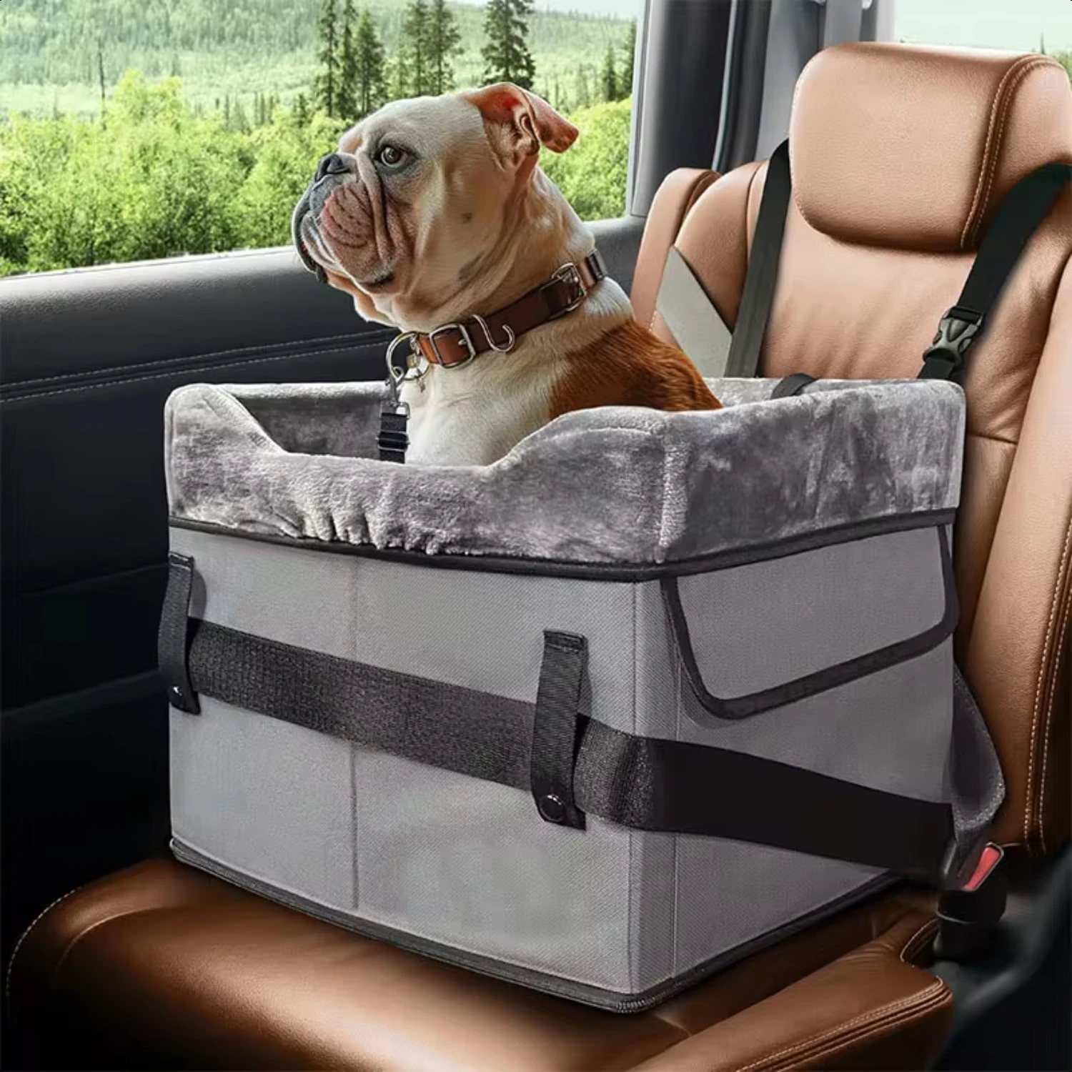 

Pet Portable Elevated Lookout Dog Car Booster Seat Travel Carrier Bed with Safety Leash Small Dogs Cats