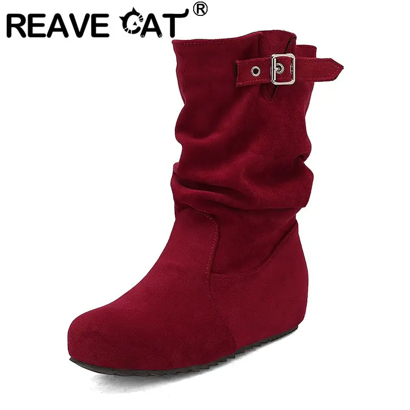 

REAVE CAT Flock Suede Mid Calf Boots for Women Round Toe 4cm Increased Heel Slip On Large Size 41 42 43 Pleated Leisure Booties