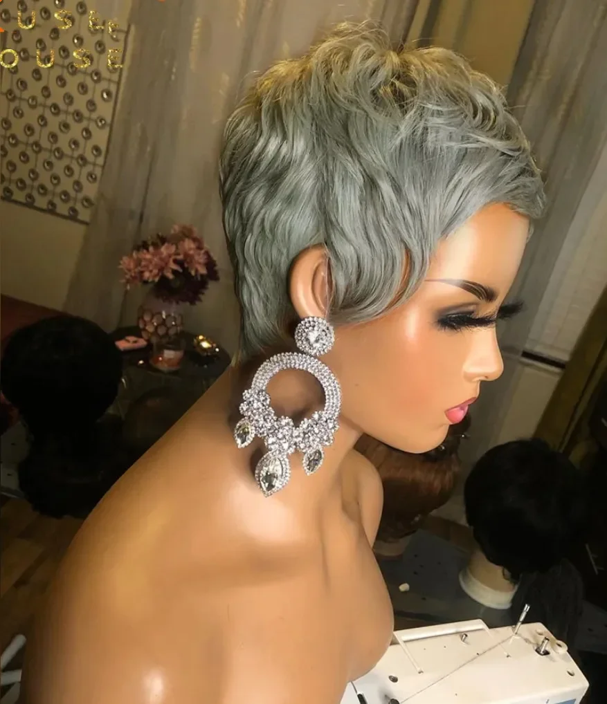 Women's wig short hair silver gray rose net chemical fiber wig head set Pixie cut wig Wavy Layered Hair With Bangs For Women