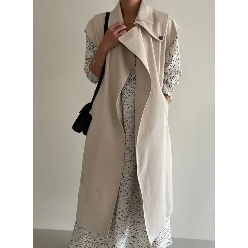 

Chic Versatile Simple Collar Lazy Sle Double Button Loose Mid-Length Windbreaker Top for Women Commute Sle 8-24 Years Old