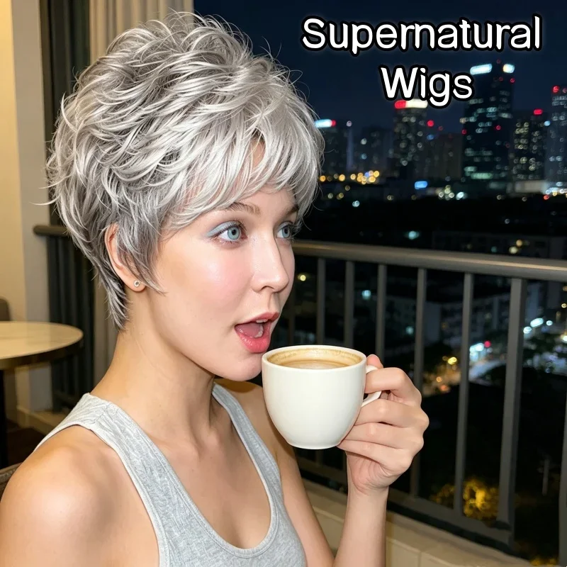 女性用ショートウィッグ-前髪付き-セリセアス・マトリアッシュ・ストランドス-日常着用-ショートグレーオンブレカーリー人毛ウィッグ-フェスティブソワレ・トレッス