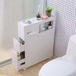 Slim Bathroom Cabinet  Organizer with Shelves Slide Out Drawer Free Standing Floor Side Toilet Cabinet White