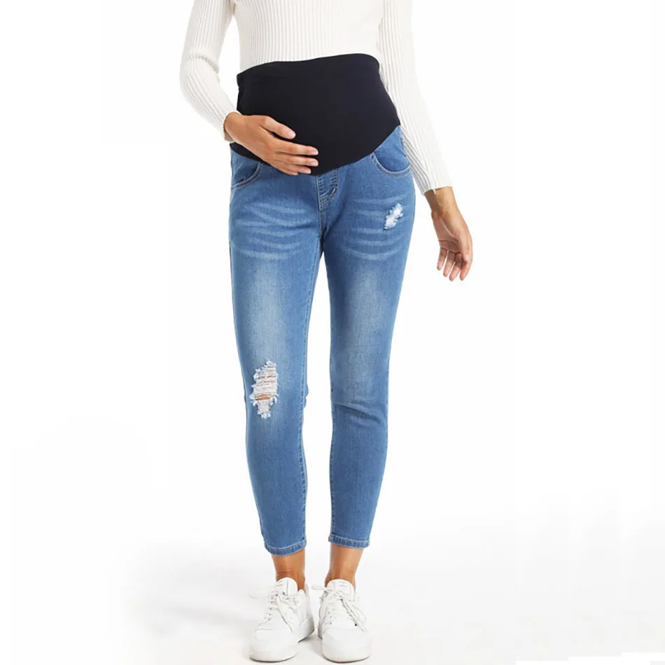 

Maternity Clothings Fashionable Light Blue Maternity Jeans with Distressed Holes for Stylish Pregnancy Wardrobe Slim Fit Design