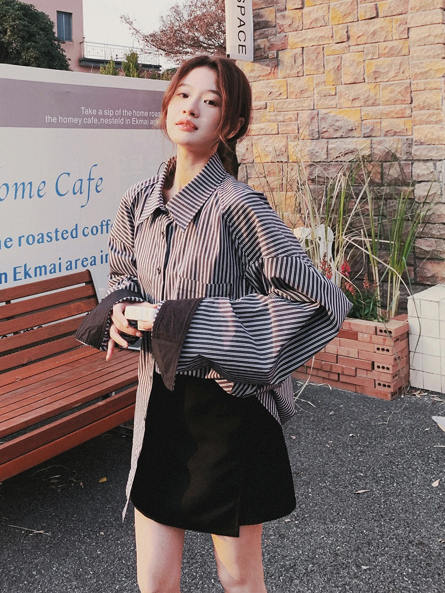 

Модная черная рубашка в полоску с длинными рукавами, женская весенне-осенняя высококачественная легкая элегантная рубашка во французском стиле, не стареющая с течением времени