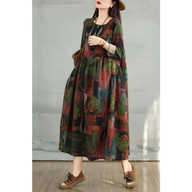 

Топ с длинными рукавами, женское новое платье в китайском стиле, женское осеннее платье из хлопка и льна в китайском стиле в стиле ретро, длинное элегантное платье с принтом
