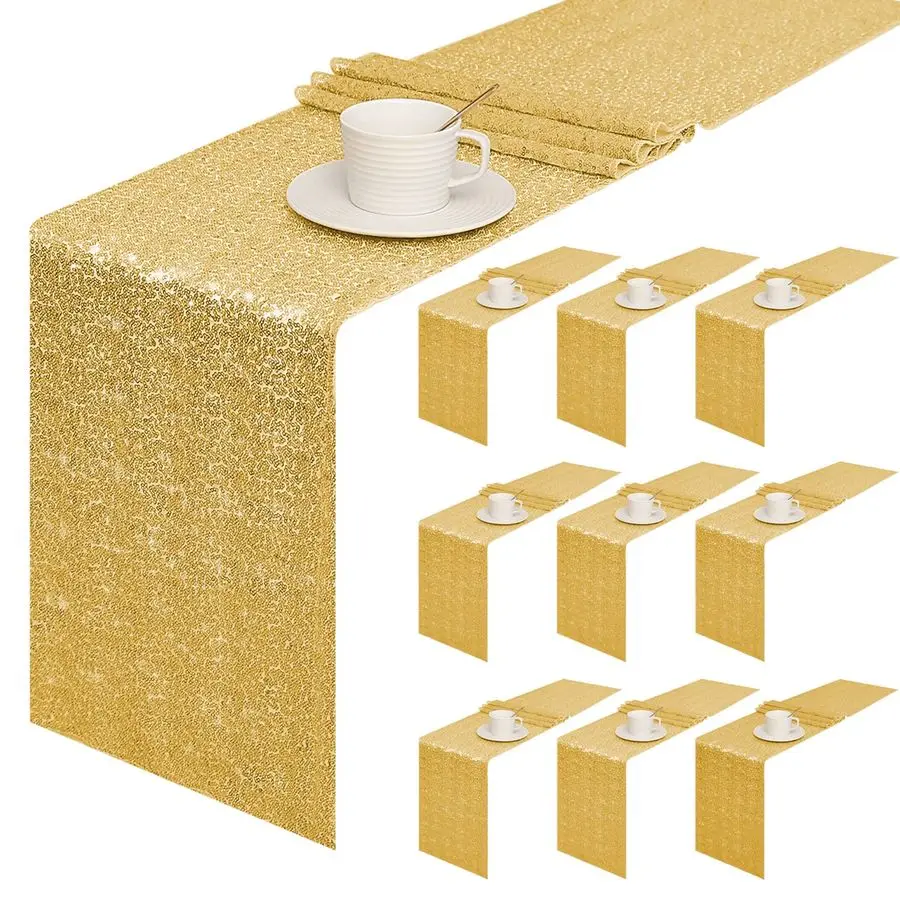 

10 Packs 12 x 72 inches Sequin Table Runner, Glitter Gold Table Runner for Birthday Party Supplies Wedding Holiday Celebration E