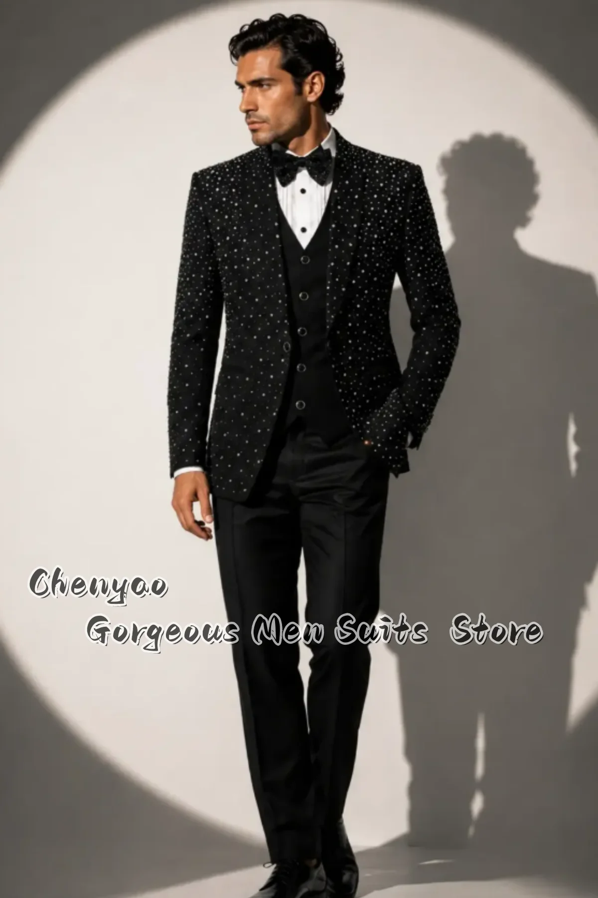 Men Black 3 Piece Suit Full Rhinestone Embellished Jacket Vest Pants Groom Tuxedo Formal Wedding Party Prom Blazer Set Ropa Homb
