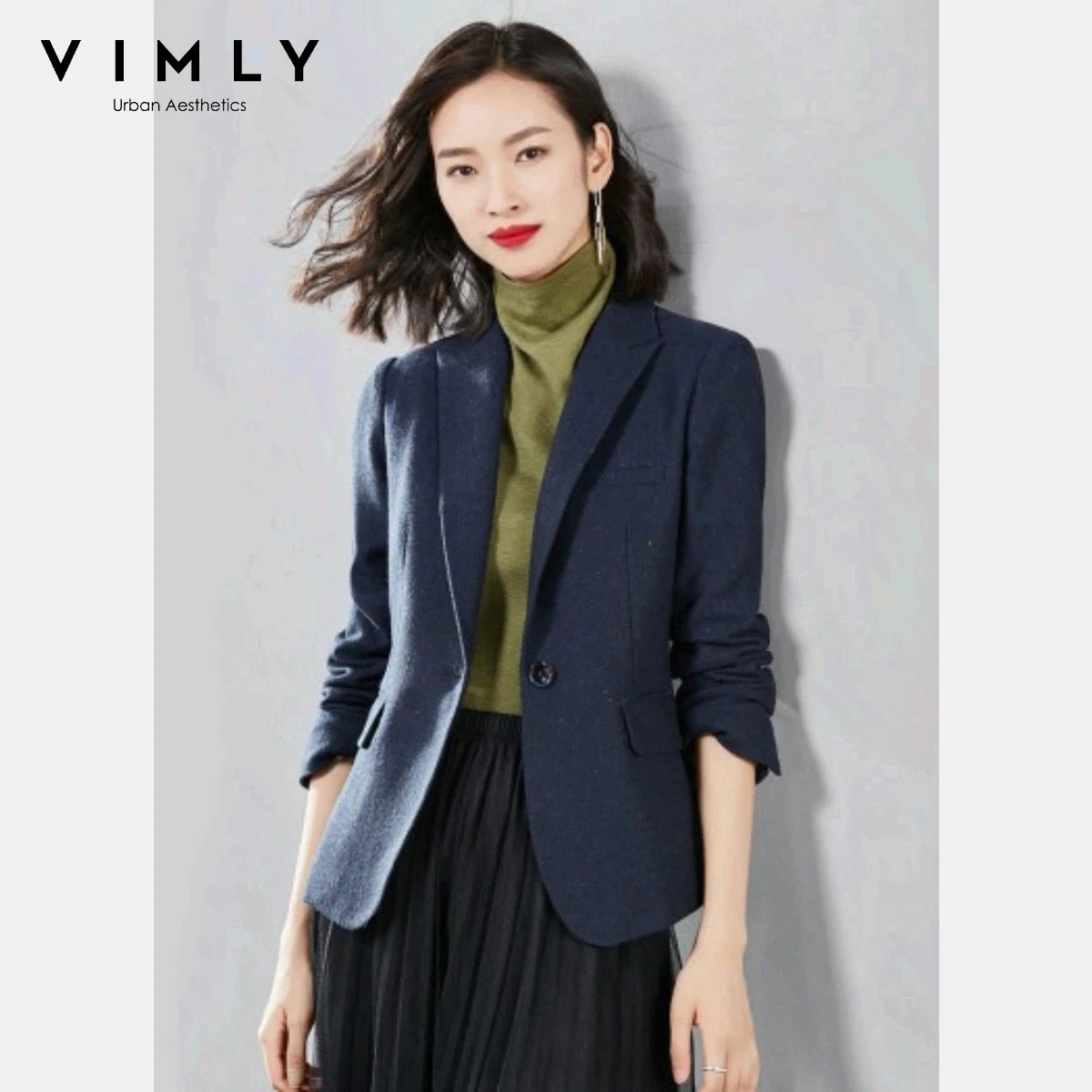 

VIMLY Commute Women's Blazers Autumn Winter Office Lady Solid Jackets Single Button Notched Lapel Woolen Coats Woman V7065
