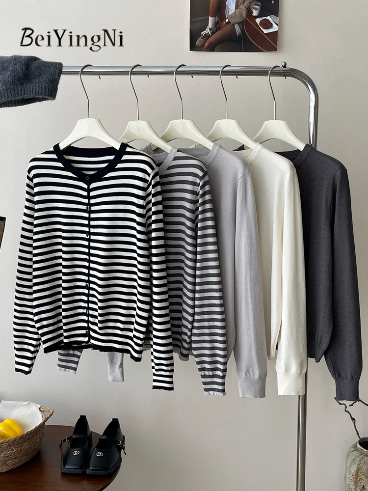 

Beiyingni Japanese Korean Female Cardigan Vintage Soft Simple Striped Sweater Women Autumn Winter 2025 Casual Chic Knitted Coats
